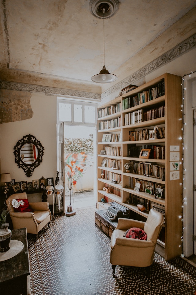Спокойный кабинет: кресло и книжные полки